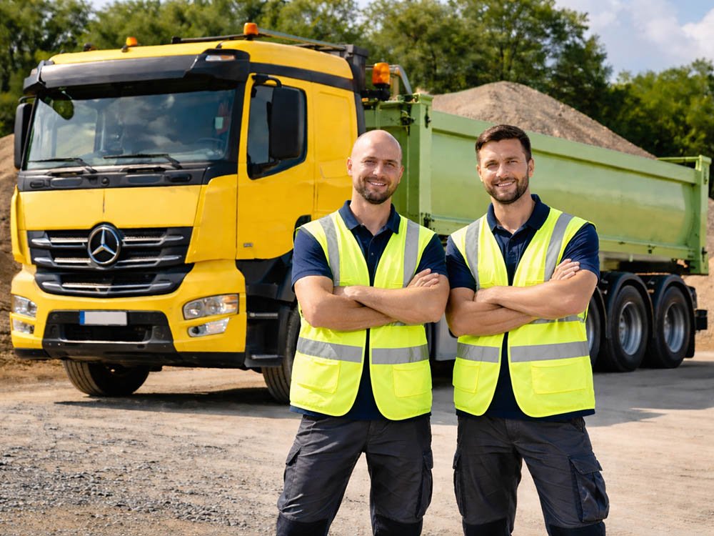 Berufskraftfahrer bei Wobker Baustoffe in Melle Zwei Berufskraftfahrer mit Warnwesten vor einem gelben Lkw auf einem Schüttgutplatz in Melle